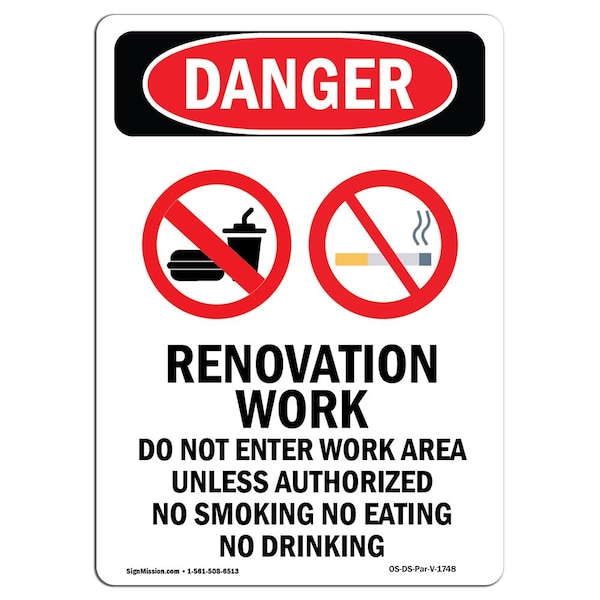 Safety Sign, OSHA Danger, 5" Height, 5" Length, Renovation Work, Portrait, 1748, 10PK